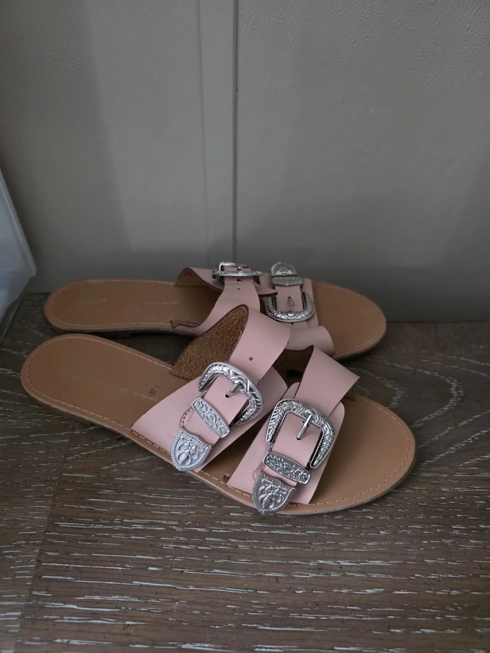 Vintage Havana Pink Double-Buckle Slide Sandals with Silver Buckles